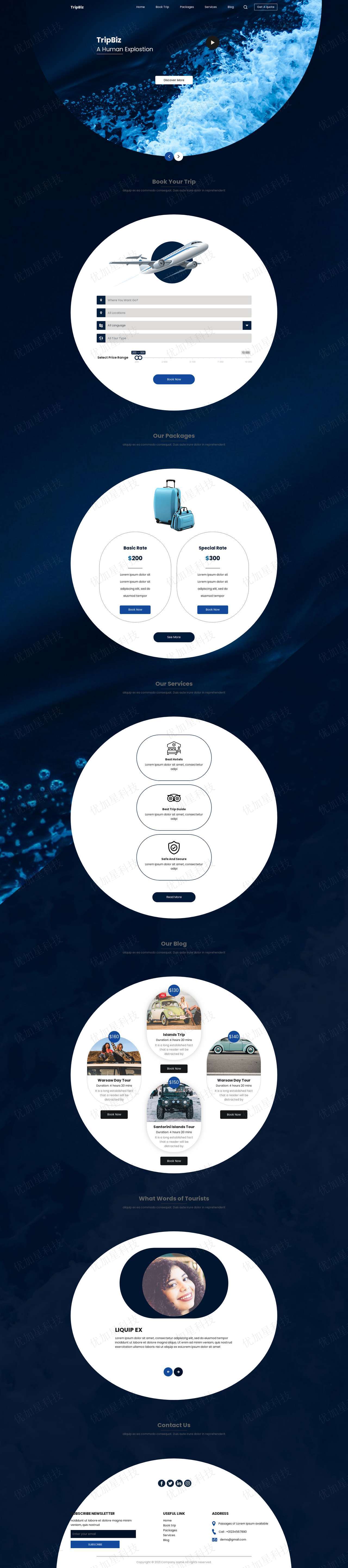 蓝色全屏HTML5飞机航班预定网站模板_优加星网络科技
