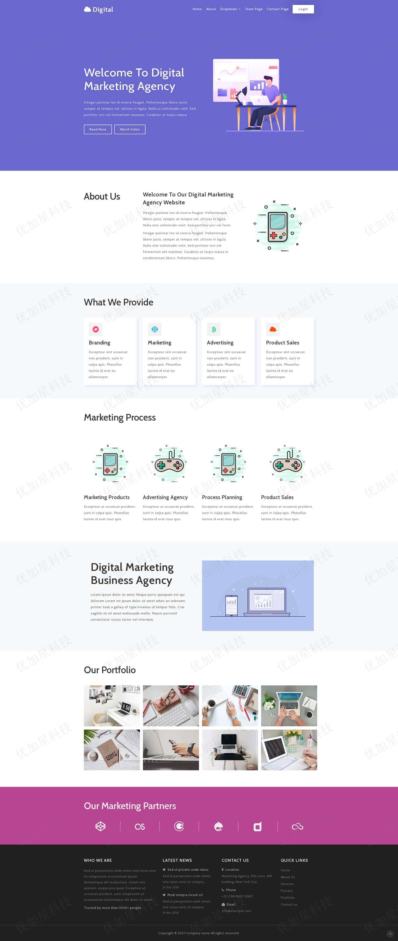 紫色手绘数字营销代理机构网站模板_优加星网络科技