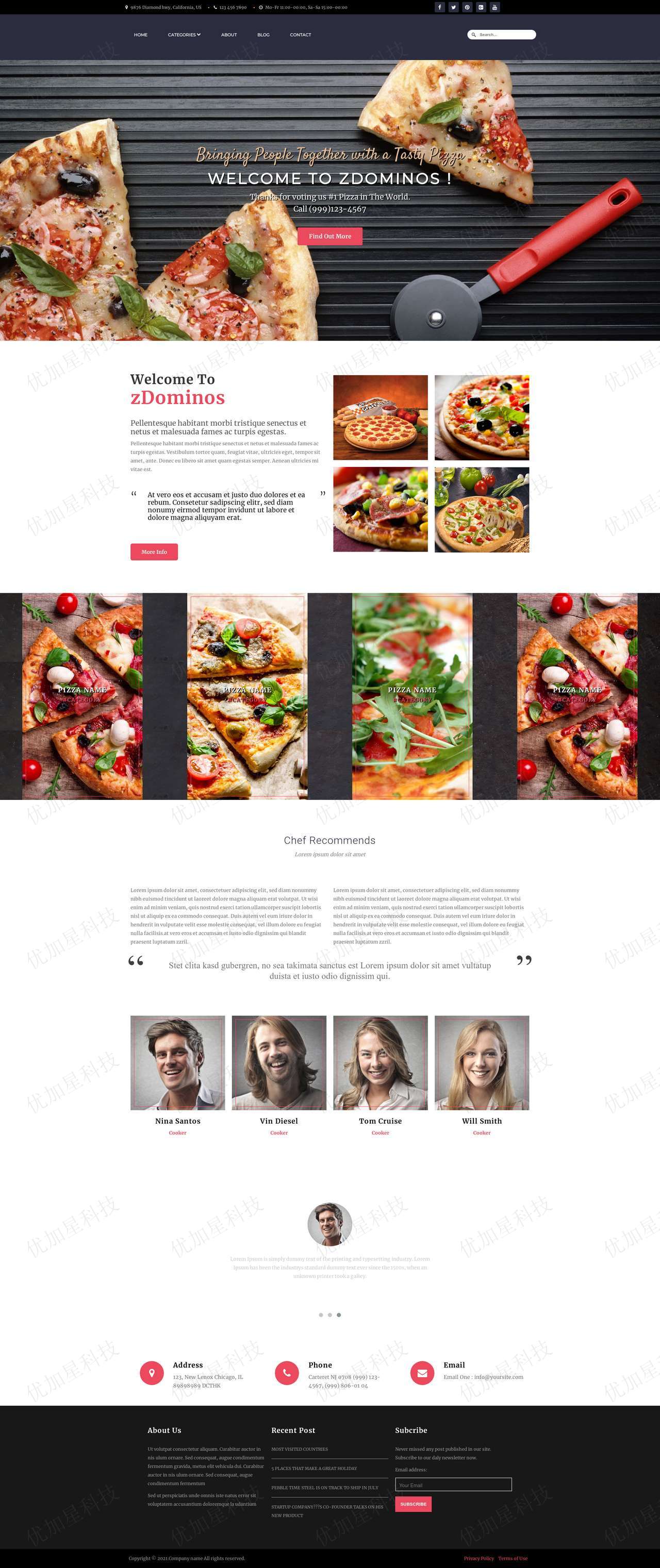 红色宽屏披萨西餐厅企业网站模板_优加星网络科技