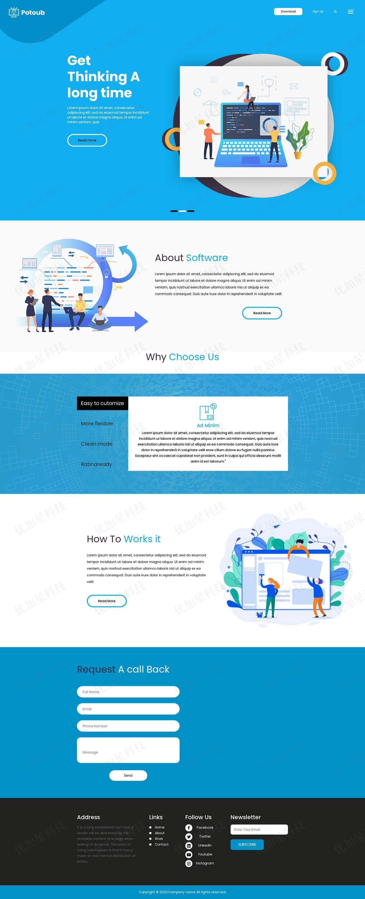 蓝色扁平化插画设计软件项目企业网站模板_优加星网络科技