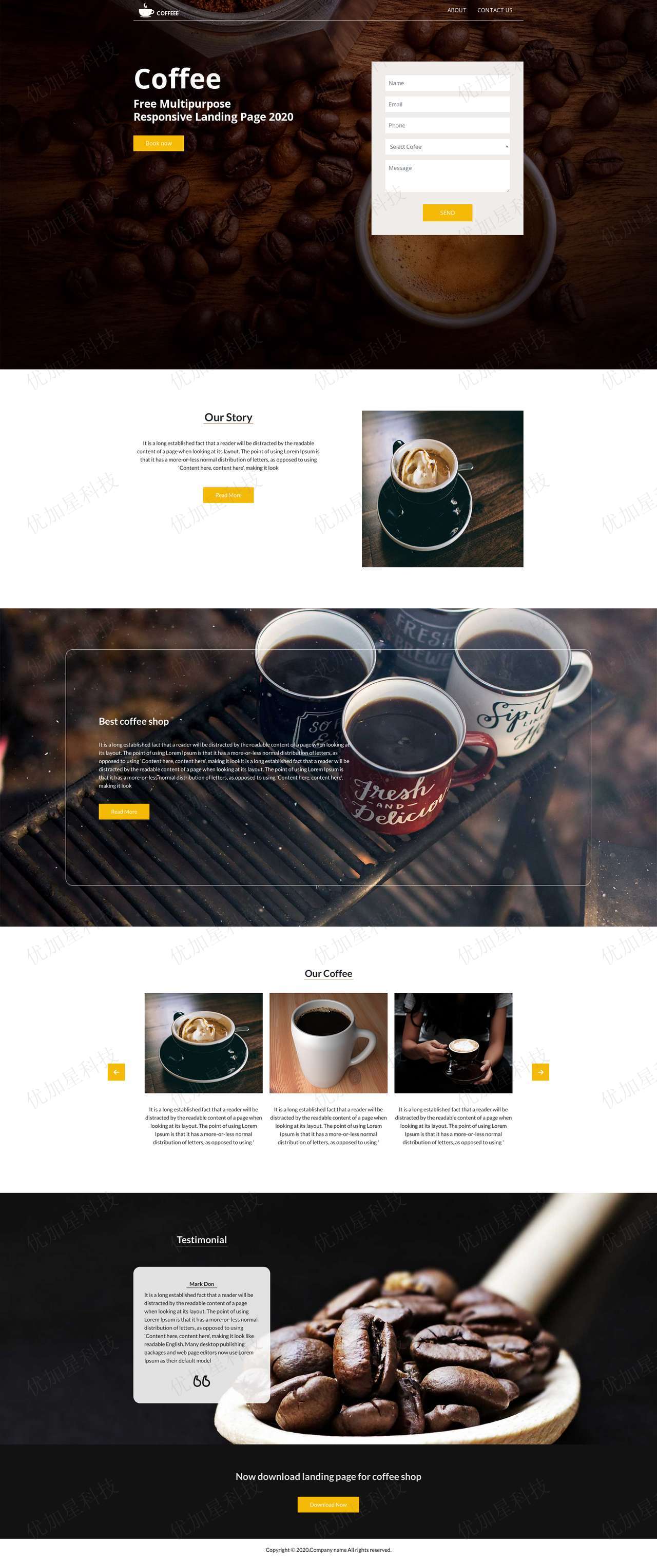 多用途响应式着陆页品牌咖啡单页网站模板_优加星网络科技